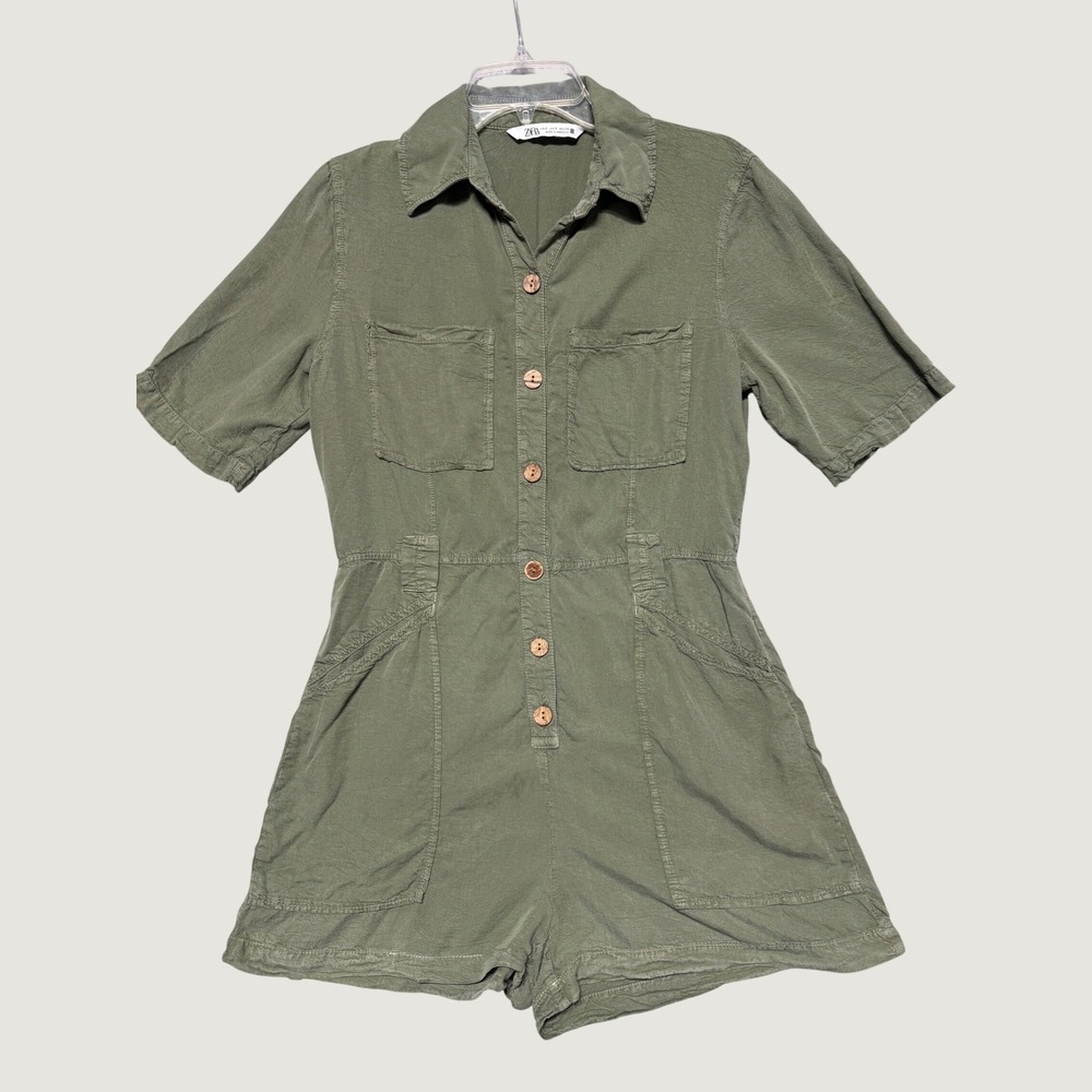 Zara Womens Olive Green Utility Button Front Short Sleeve Romper Size‎ S